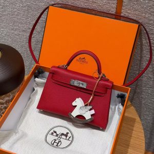 Hermes Kelly Mini 2 19CM Bag Handmade In Epsom Calfskin Leather Silver Hardware 5X Rouge Piment - Image 9