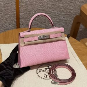 Hermes Kelly Mini 2 19CM Bag Handmade In Lizard Leather from South Africa Silver Hardware 5p Pink