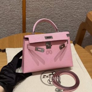 Hermes Kelly Mini 2 19CM Bag Handmade In Lizard Leather from South Africa Silver Hardware 5p Pink - Image 21