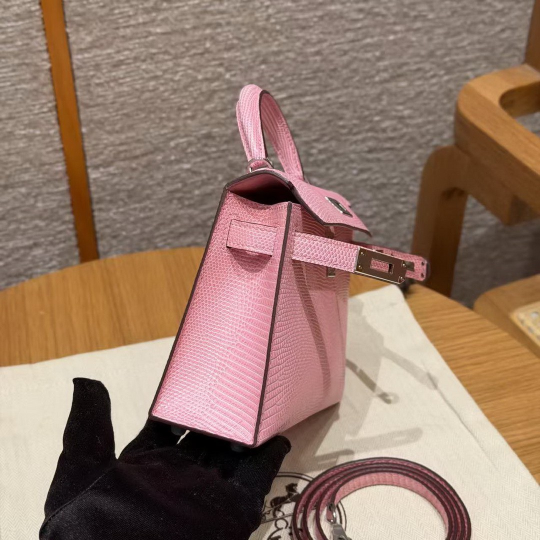 Hermes Kelly Mini 2 19CM Bag Handmade In Lizard Leather from South Africa Silver Hardware 5p Pink - Image 20