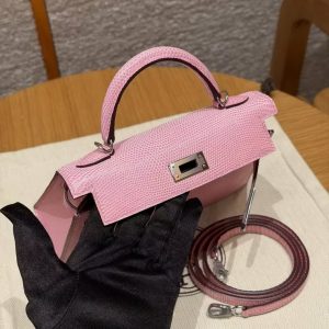 Hermes Kelly Mini 2 19CM Bag Handmade In Lizard Leather from South Africa Silver Hardware 5p Pink - Image 18