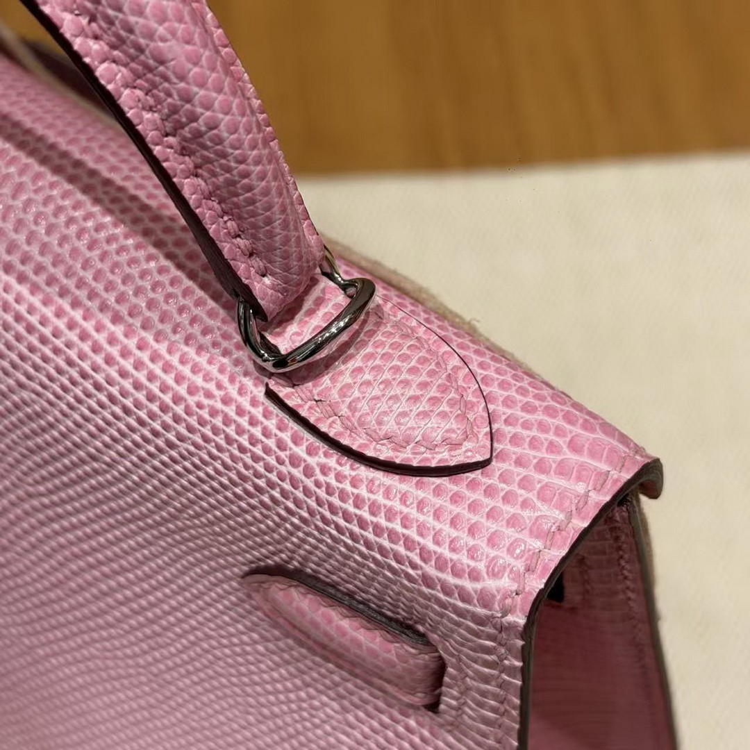Hermes Kelly Mini 2 19CM Bag Handmade In Lizard Leather from South Africa Silver Hardware 5p Pink - Image 10