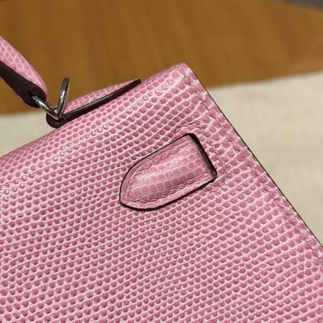 Hermes Kelly Mini 2 19CM Bag Handmade In Lizard Leather from South Africa Silver Hardware 5p Pink - Image 8