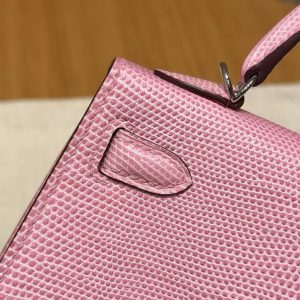 Hermes Kelly Mini 2 19CM Bag Handmade In Lizard Leather from South Africa Silver Hardware 5p Pink - Image 7