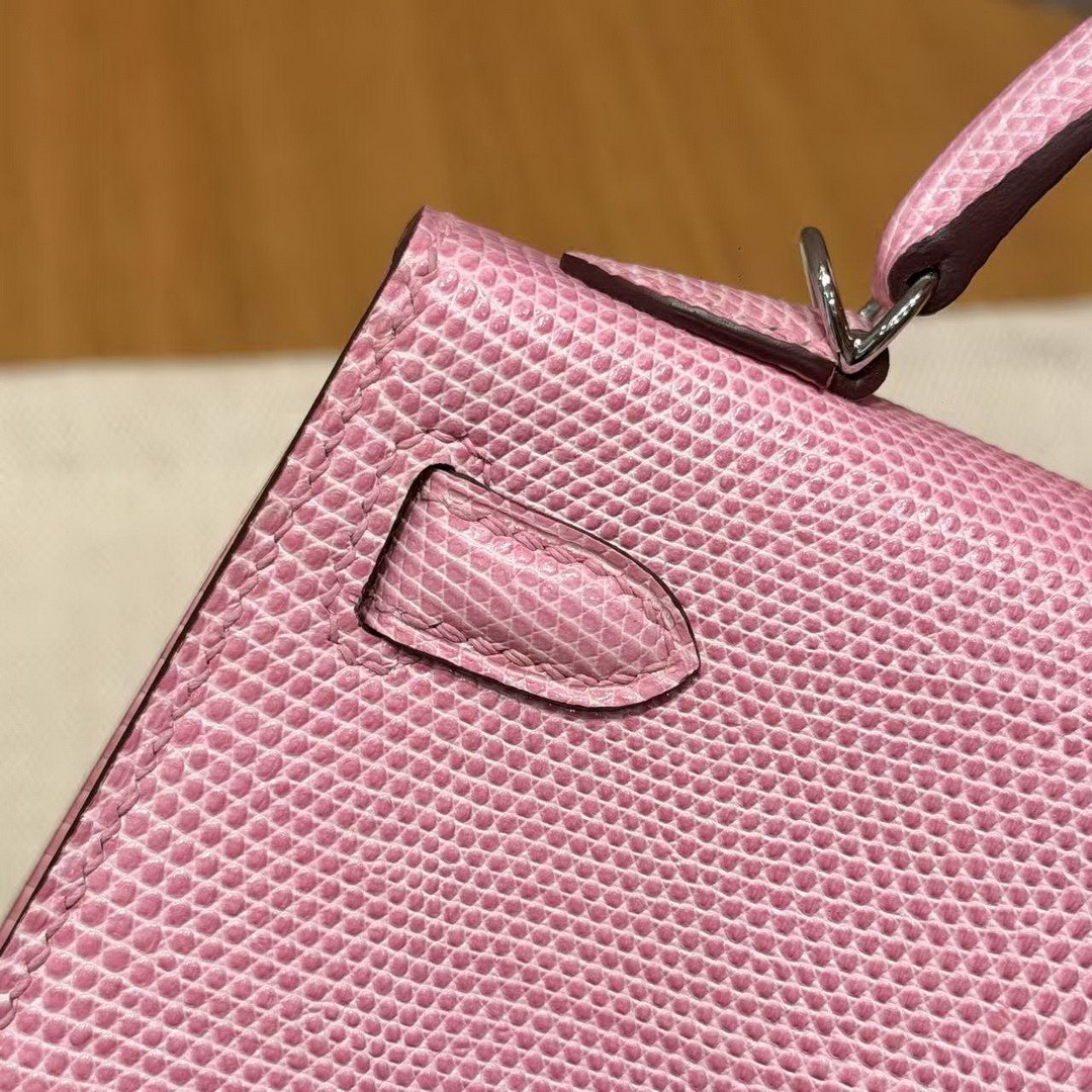 Hermes Kelly Mini 2 19CM Bag Handmade In Lizard Leather from South Africa Silver Hardware 5p Pink - Image 7