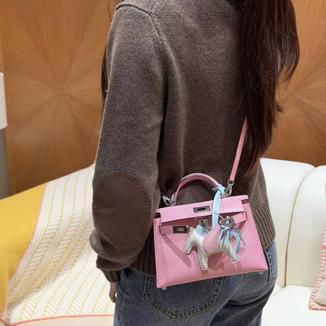 Hermes Kelly Mini 2 19CM Bag Handmade In Lizard Leather from South Africa Silver Hardware 5p Pink - Image 4