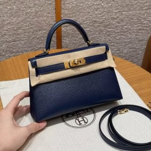 Hermes Kelly Mini 2 19CM Bag Handmade In Chèvre Calfskin Leather Gold Hardware 73 Blue Saphir