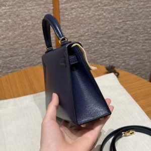 Hermes Kelly Mini 2 19CM Bag Handmade In Chèvre Calfskin Leather Gold Hardware 73 Blue Saphir - Image 23