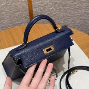 Hermes Kelly Mini 2 19CM Bag Handmade In Chèvre Calfskin Leather Gold Hardware 73 Blue Saphir - Image 17