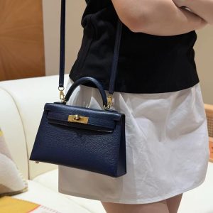 Hermes Kelly Mini 2 19CM Bag Handmade In Chèvre Calfskin Leather Gold Hardware 73 Blue Saphir - Image 5