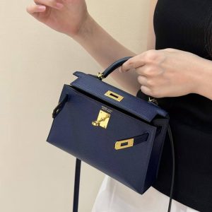 Hermes Kelly Mini 2 19CM Bag Handmade In Chèvre Calfskin Leather Gold Hardware 73 Blue Saphir - Image 3
