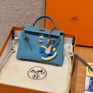 Hermes Kelly Mini 2 19CM Bag Handmade In Epsom Calfskin Leather Silver Hardware 75 Blue Jean - Image 2