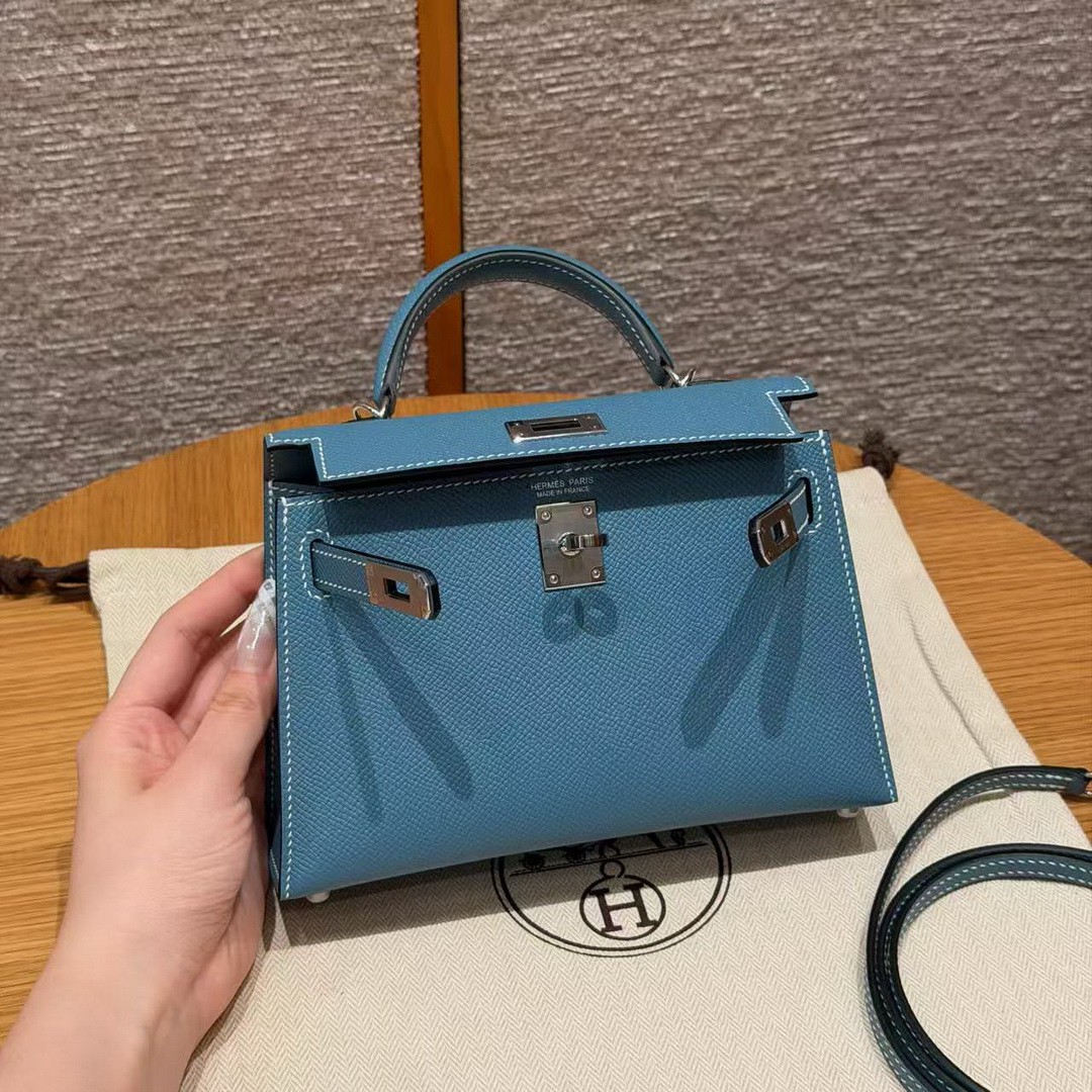 Hermes Kelly Mini 2 19CM Bag Handmade In Epsom Calfskin Leather Silver Hardware 75 Blue Jean - Image 20