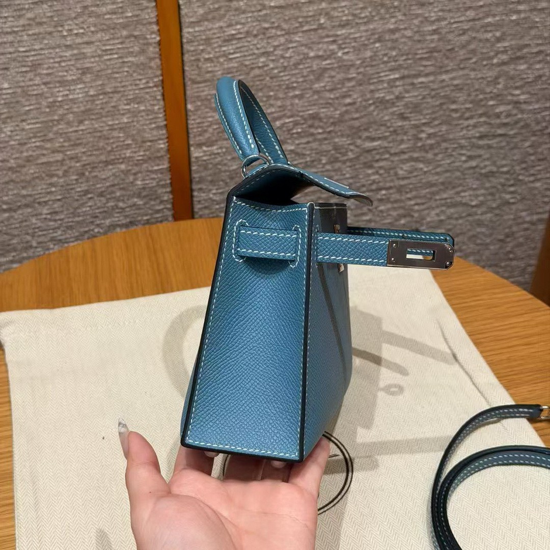 Hermes Kelly Mini 2 19CM Bag Handmade In Epsom Calfskin Leather Silver Hardware 75 Blue Jean - Image 19