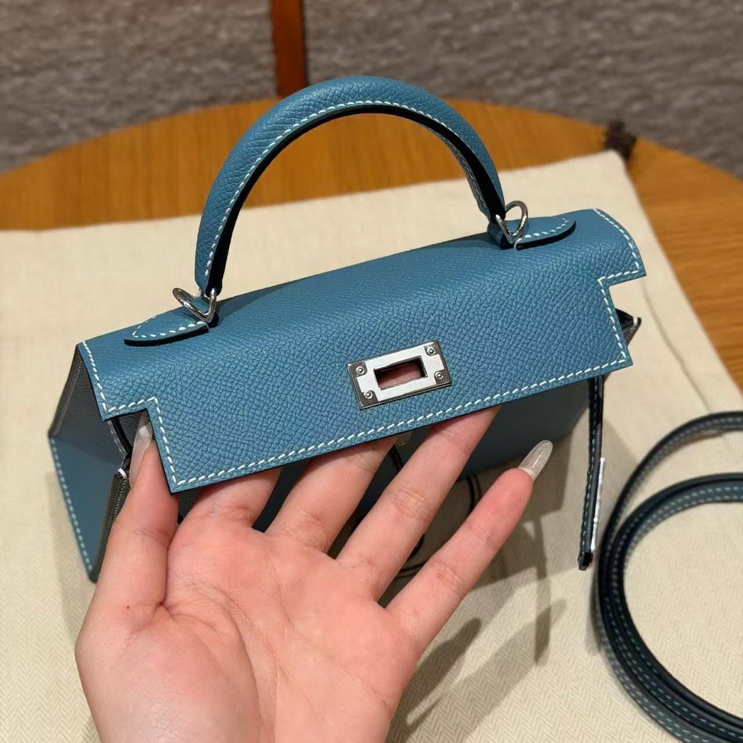 Hermes Kelly Mini 2 19CM Bag Handmade In Epsom Calfskin Leather Silver Hardware 75 Blue Jean - Image 18