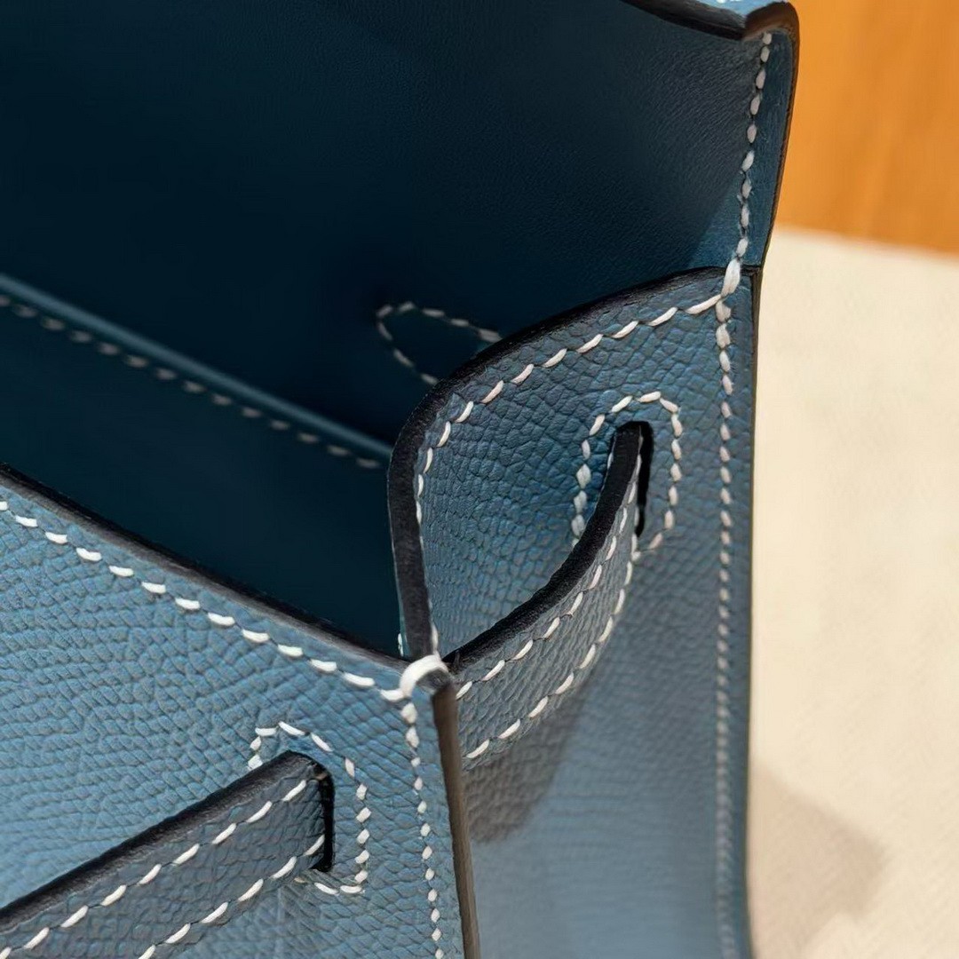 Hermes Kelly Mini 2 19CM Bag Handmade In Epsom Calfskin Leather Silver Hardware 75 Blue Jean - Image 17
