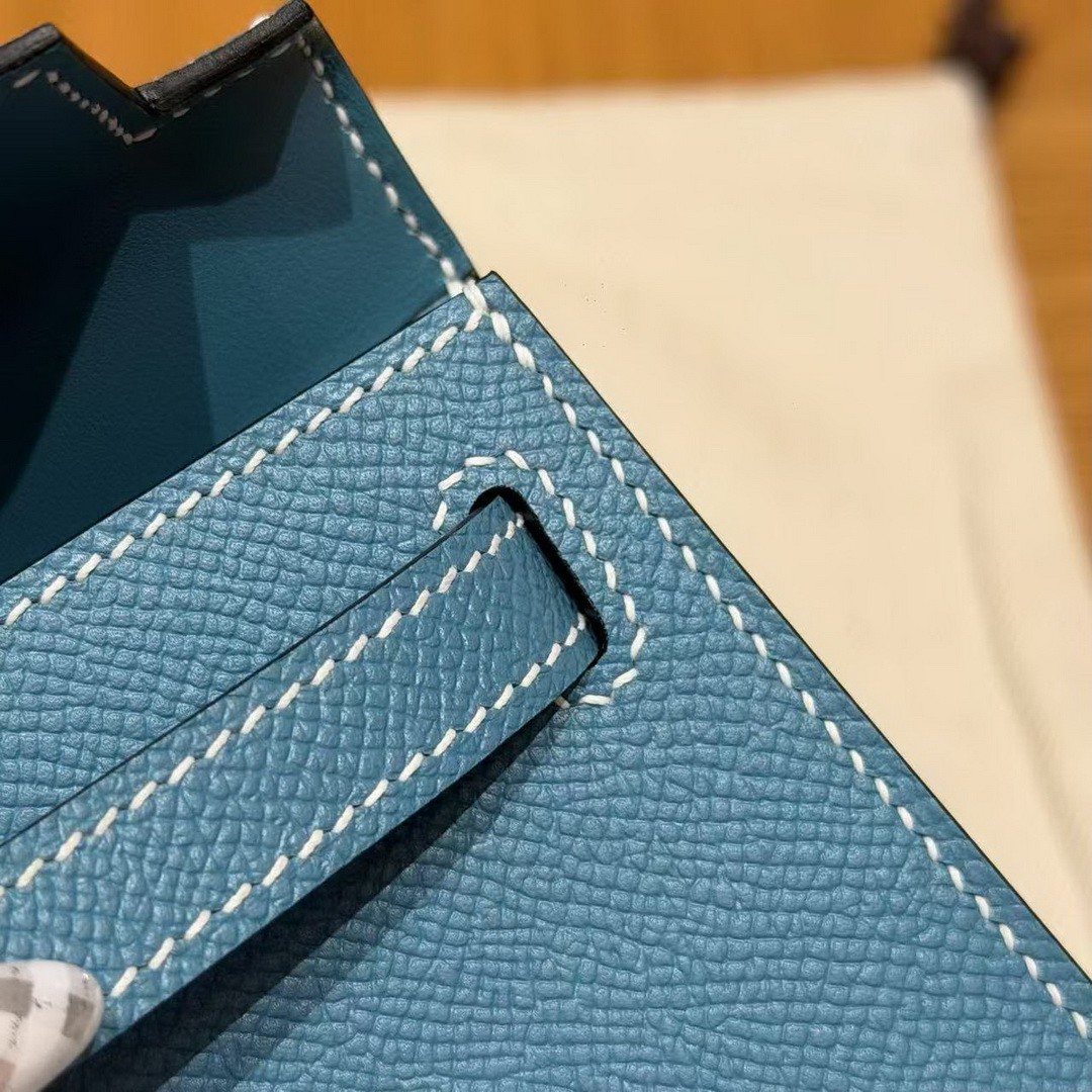 Hermes Kelly Mini 2 19CM Bag Handmade In Epsom Calfskin Leather Silver Hardware 75 Blue Jean - Image 16