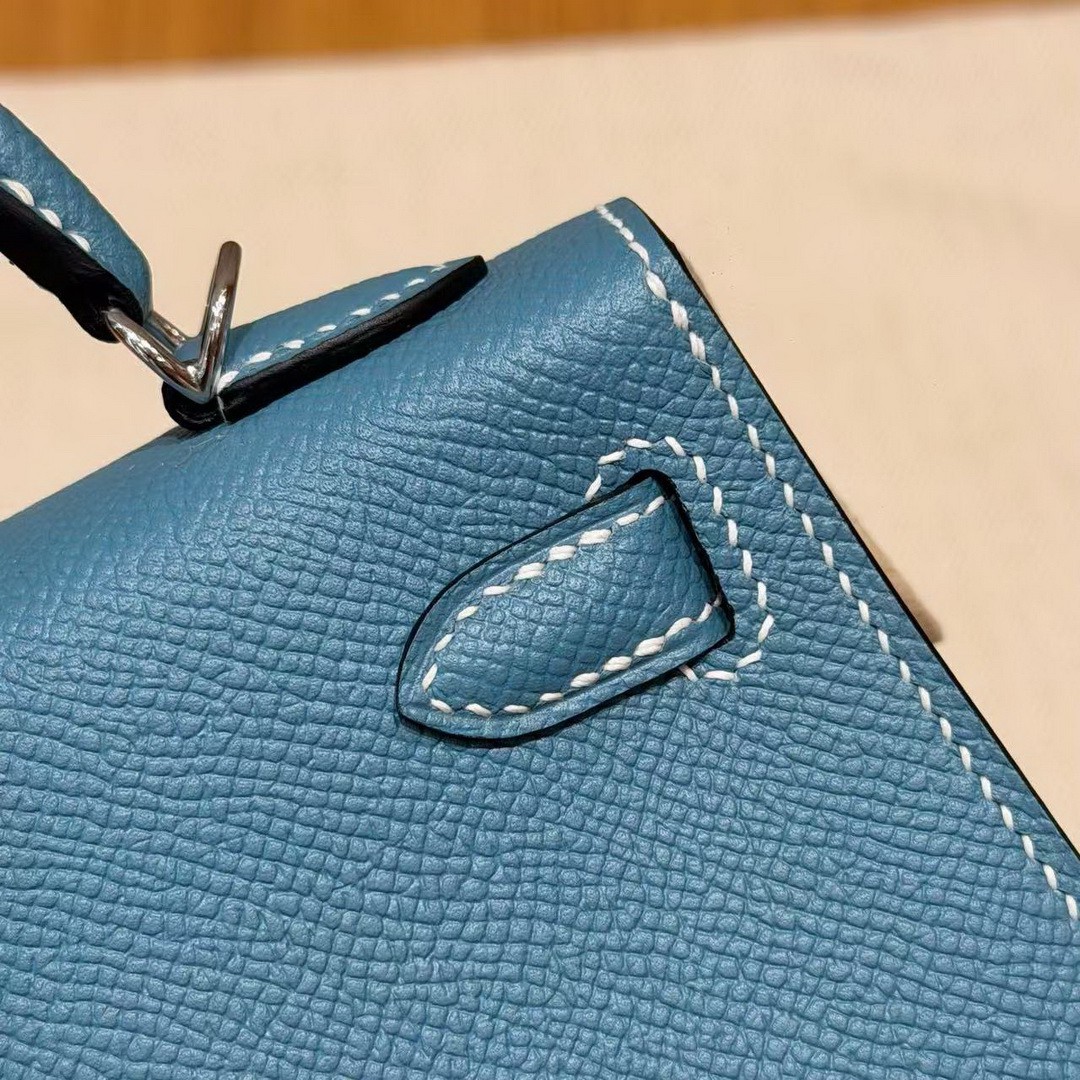 Hermes Kelly Mini 2 19CM Bag Handmade In Epsom Calfskin Leather Silver Hardware 75 Blue Jean - Image 14