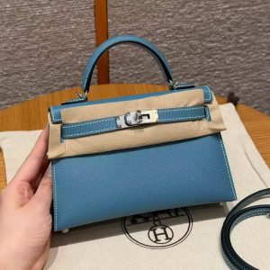 Hermes Kelly Mini 2 19CM Bag Handmade In Epsom Calfskin Leather Silver Hardware 75 Blue Jean