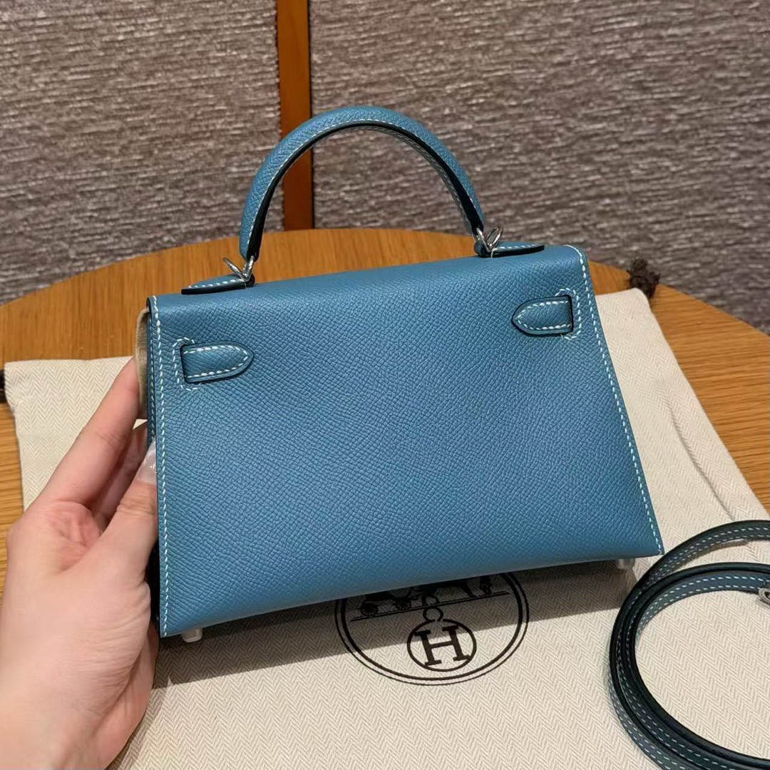 Hermes Kelly Mini 2 19CM Bag Handmade In Epsom Calfskin Leather Silver Hardware 75 Blue Jean - Image 12