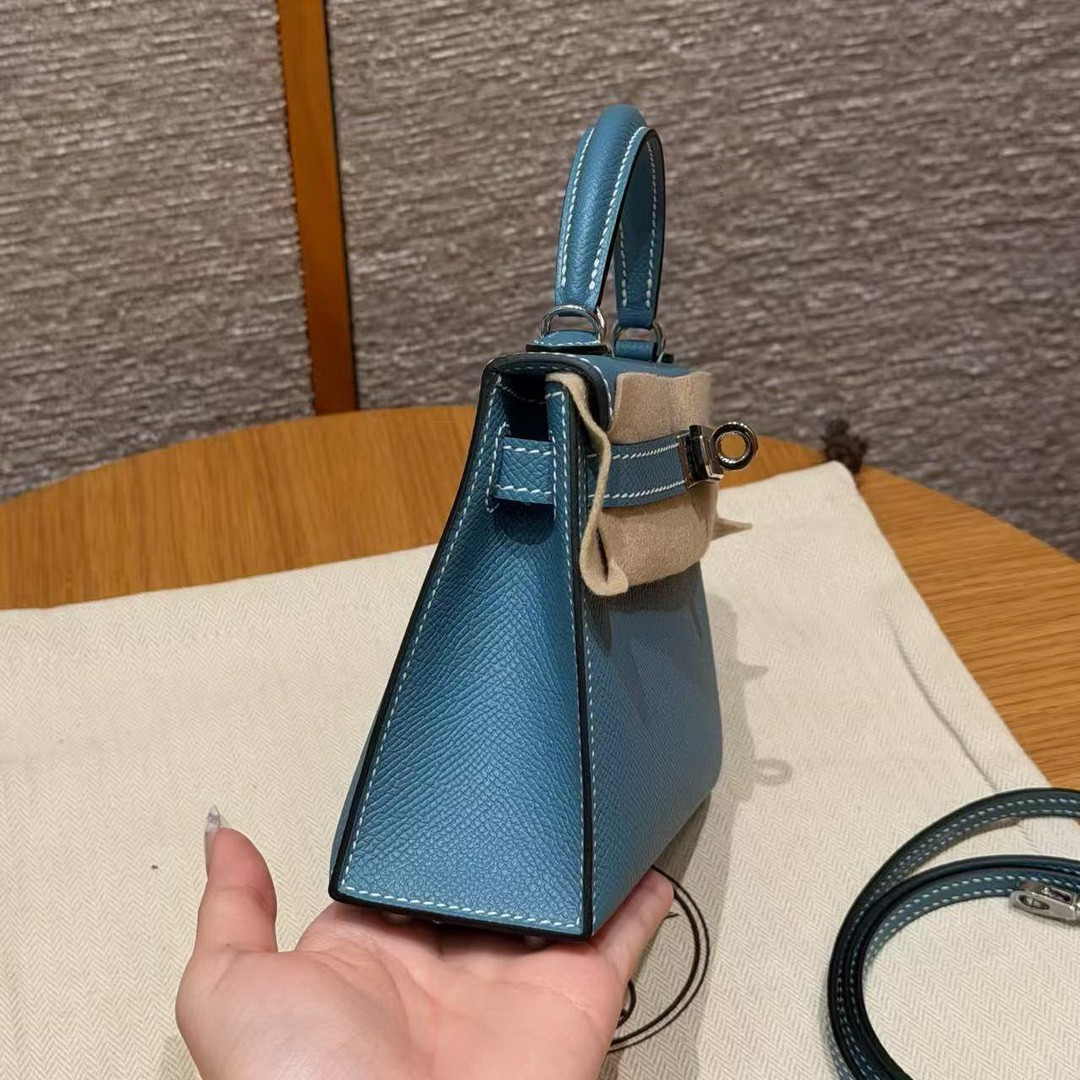 Hermes Kelly Mini 2 19CM Bag Handmade In Epsom Calfskin Leather Silver Hardware 75 Blue Jean - Image 11