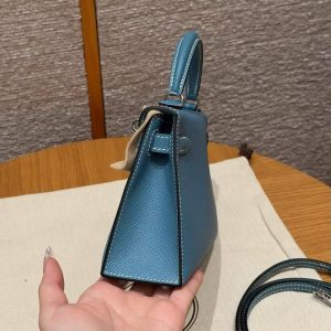 Hermes Kelly Mini 2 19CM Bag Handmade In Epsom Calfskin Leather Silver Hardware 75 Blue Jean - Image 10