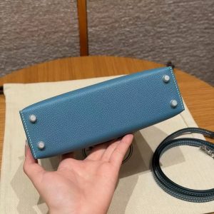 Hermes Kelly Mini 2 19CM Bag Handmade In Epsom Calfskin Leather Silver Hardware 75 Blue Jean - Image 9