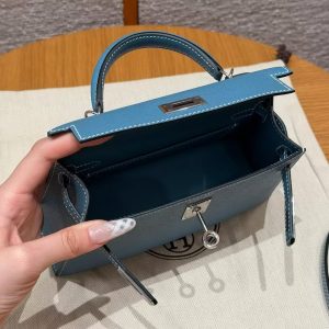 Hermes Kelly Mini 2 19CM Bag Handmade In Epsom Calfskin Leather Silver Hardware 75 Blue Jean - Image 8