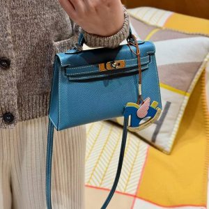 Hermes Kelly Mini 2 19CM Bag Handmade In Epsom Calfskin Leather Silver Hardware 75 Blue Jean - Image 5