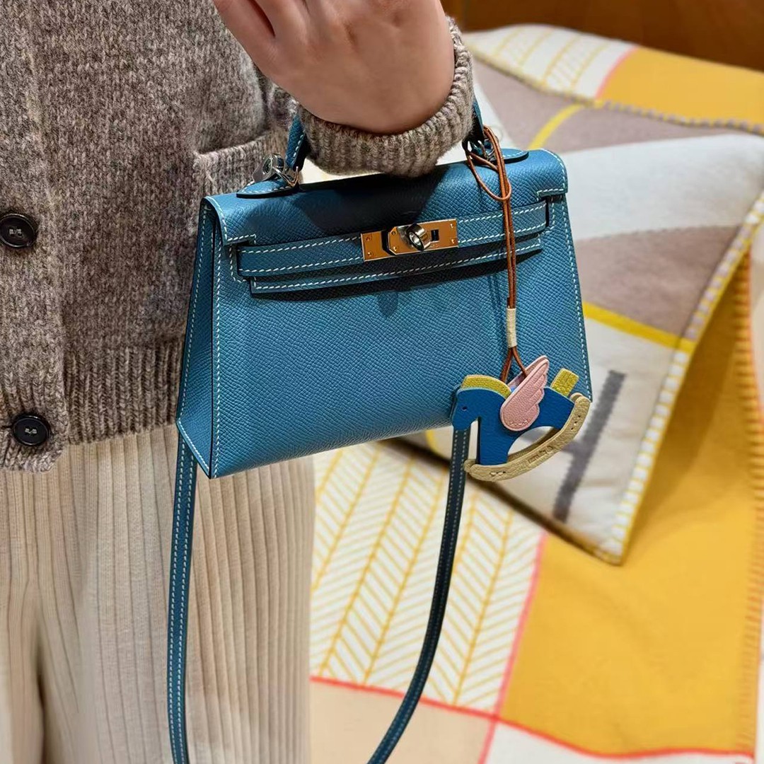 Hermes Kelly Mini 2 19CM Bag Handmade In Epsom Calfskin Leather Silver Hardware 75 Blue Jean - Image 5