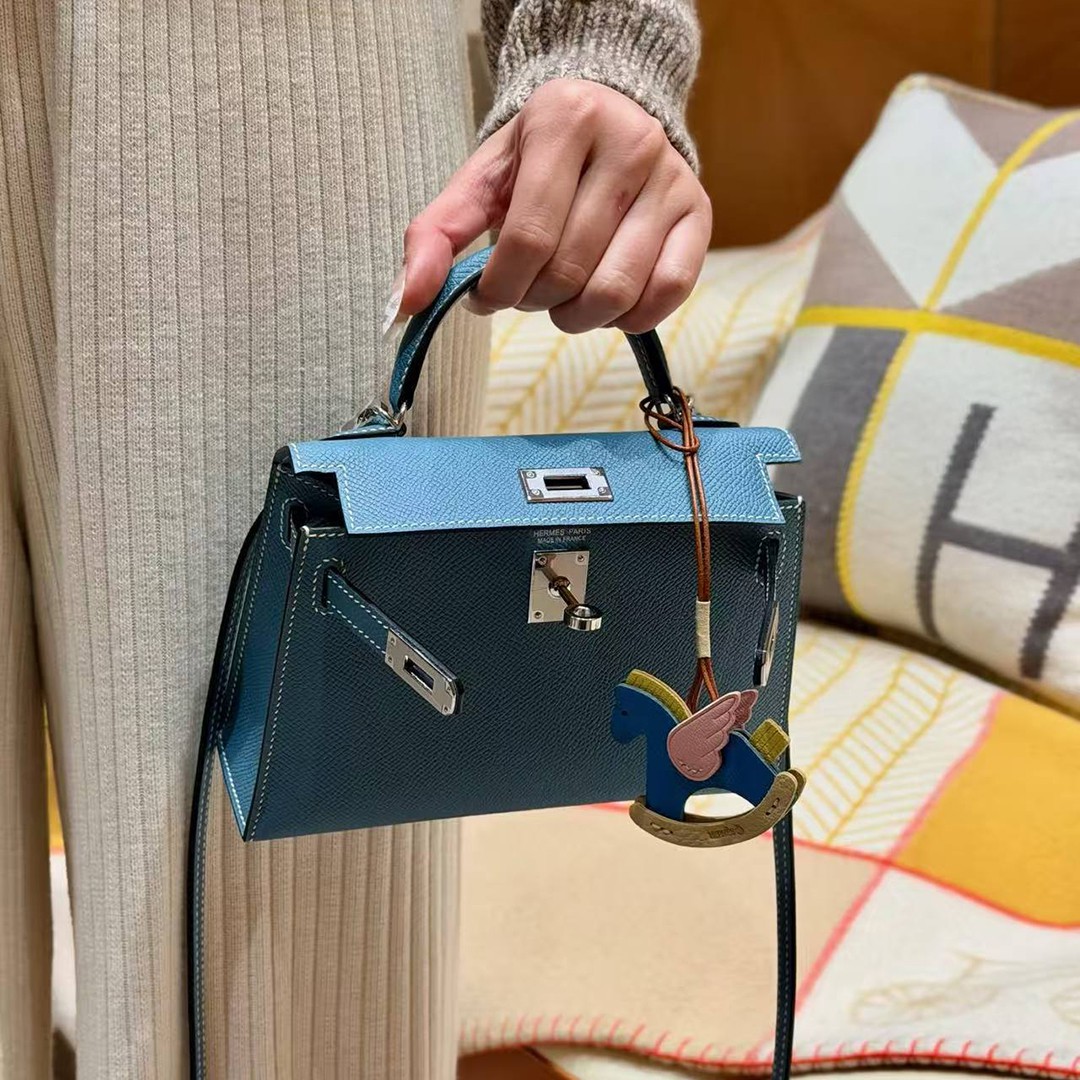 Hermes Kelly Mini 2 19CM Bag Handmade In Epsom Calfskin Leather Silver Hardware 75 Blue Jean - Image 4