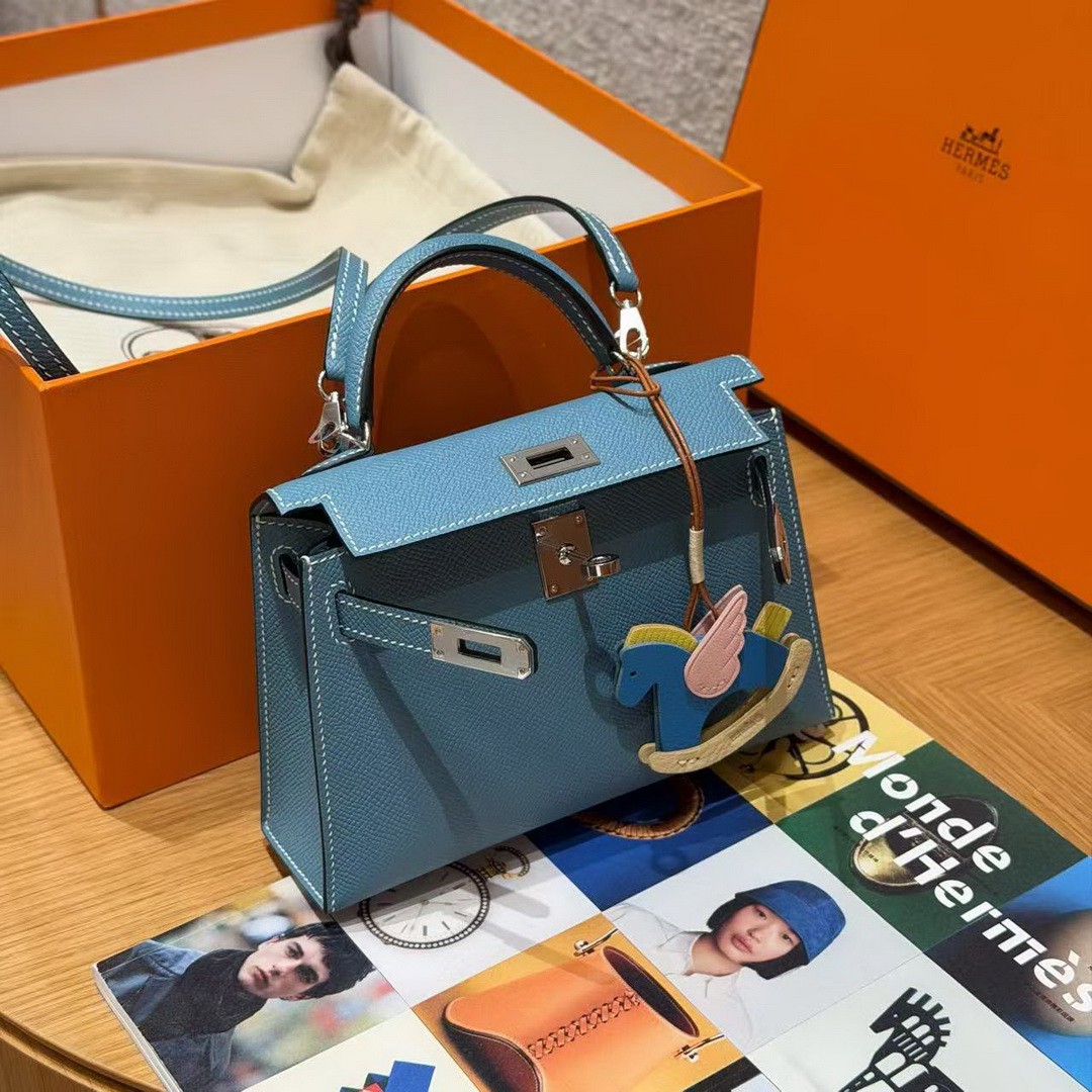 Hermes Kelly Mini 2 19CM Bag Handmade In Epsom Calfskin Leather Silver Hardware 75 Blue Jean - Image 3