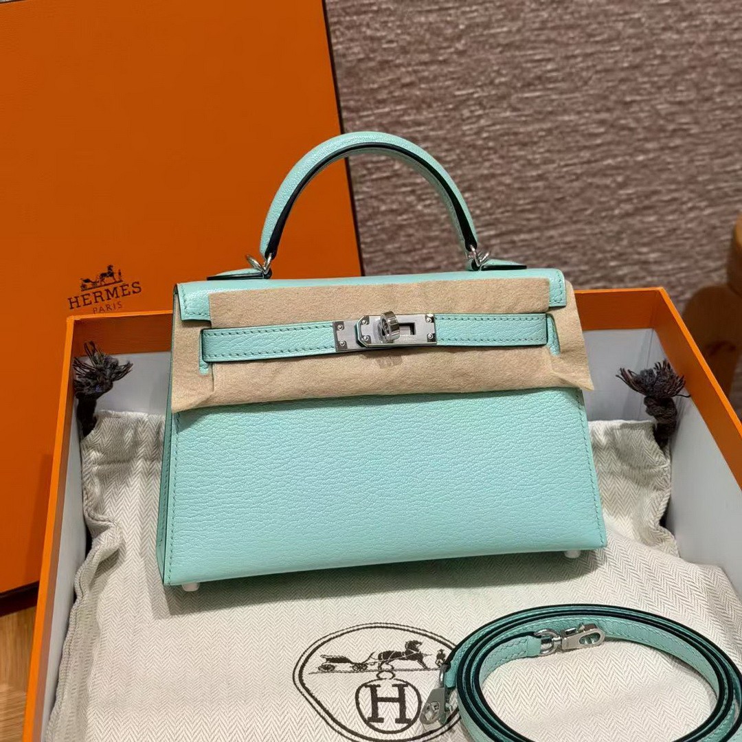 Hermes Kelly Mini 2 19CM Bag Handmade In Chèvre Calfskin Leather Silver Hardware 79 Aqua