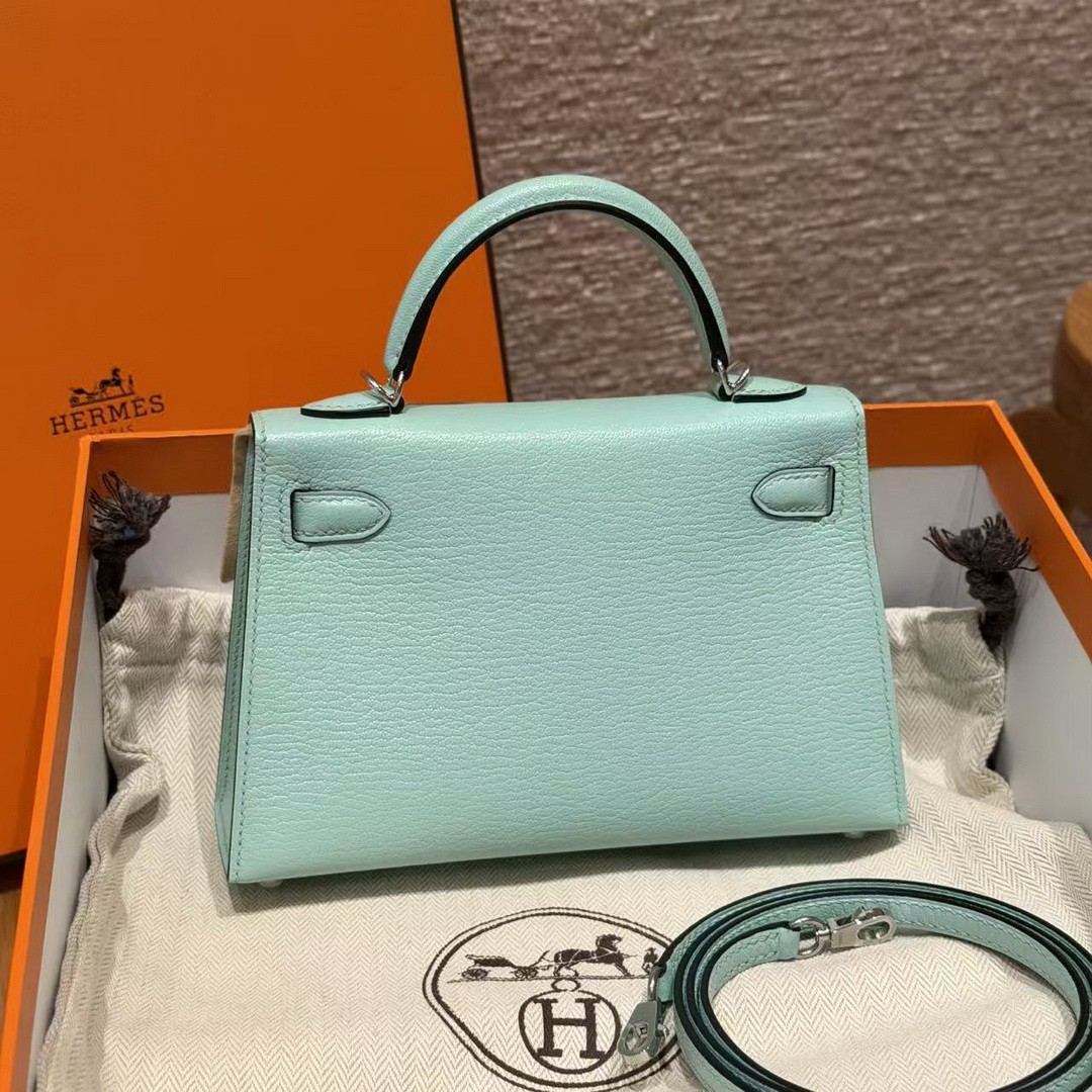Hermes Kelly Mini 2 19CM Bag Handmade In Chèvre Calfskin Leather Silver Hardware 79 Aqua - Image 2