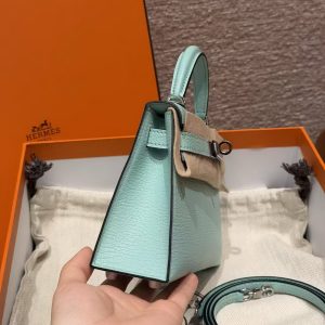 Hermes Kelly Mini 2 19CM Bag Handmade In Chèvre Calfskin Leather Silver Hardware 79 Aqua - Image 19