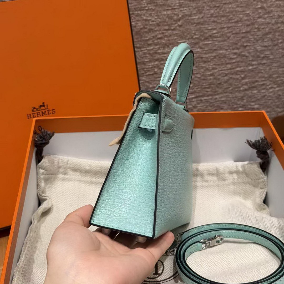 Hermes Kelly Mini 2 19CM Bag Handmade In Chèvre Calfskin Leather Silver Hardware 79 Aqua - Image 18