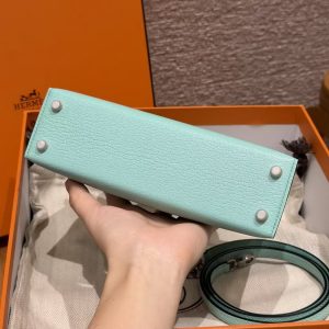 Hermes Kelly Mini 2 19CM Bag Handmade In Chèvre Calfskin Leather Silver Hardware 79 Aqua - Image 17
