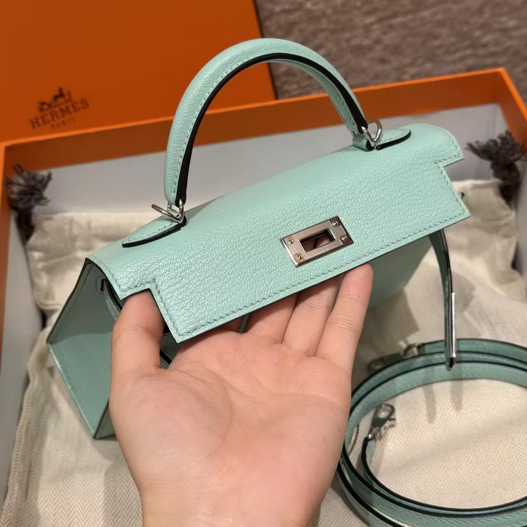 Hermes Kelly Mini 2 19CM Bag Handmade In Chèvre Calfskin Leather Silver Hardware 79 Aqua - Image 15