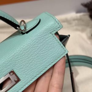 Hermes Kelly Mini 2 19CM Bag Handmade In Chèvre Calfskin Leather Silver Hardware 79 Aqua - Image 14
