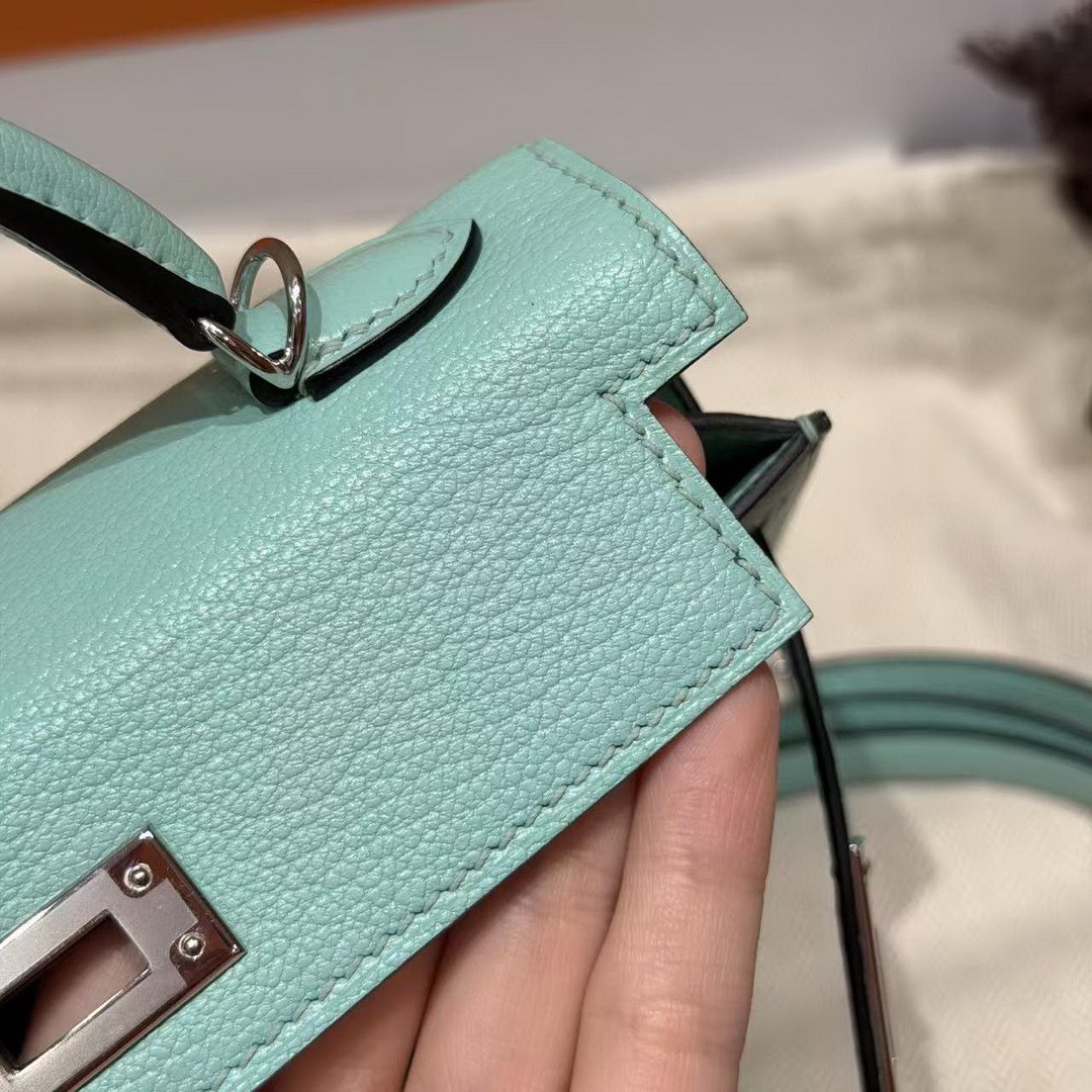 Hermes Kelly Mini 2 19CM Bag Handmade In Chèvre Calfskin Leather Silver Hardware 79 Aqua - Image 14
