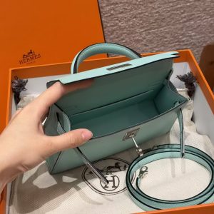 Hermes Kelly Mini 2 19CM Bag Handmade In Chèvre Calfskin Leather Silver Hardware 79 Aqua - Image 13