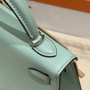 Hermes Kelly Mini 2 19CM Bag Handmade In Chèvre Calfskin Leather Silver Hardware 79 Aqua - Image 12