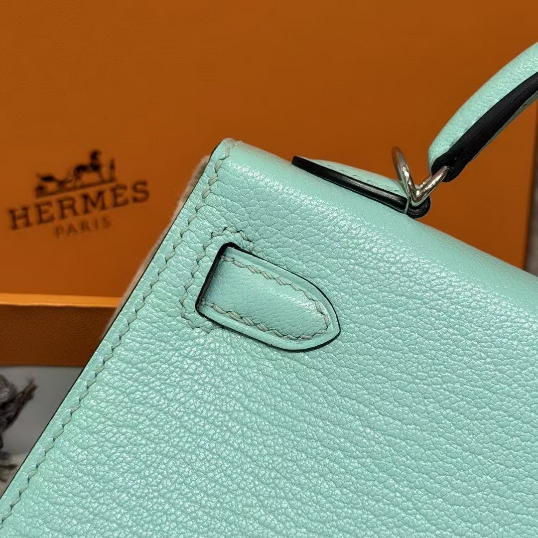 Hermes Kelly Mini 2 19CM Bag Handmade In Chèvre Calfskin Leather Silver Hardware 79 Aqua - Image 10