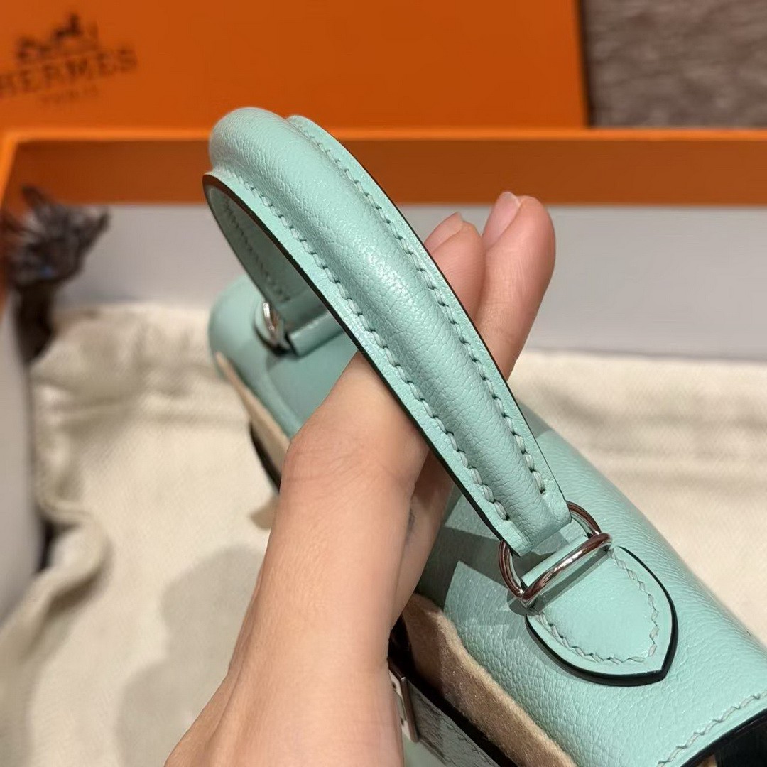 Hermes Kelly Mini 2 19CM Bag Handmade In Chèvre Calfskin Leather Silver Hardware 79 Aqua - Image 9