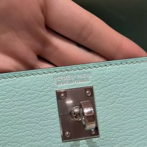 Hermes Kelly Mini 2 19CM Bag Handmade In Chèvre Calfskin Leather Silver Hardware 79 Aqua - Image 7