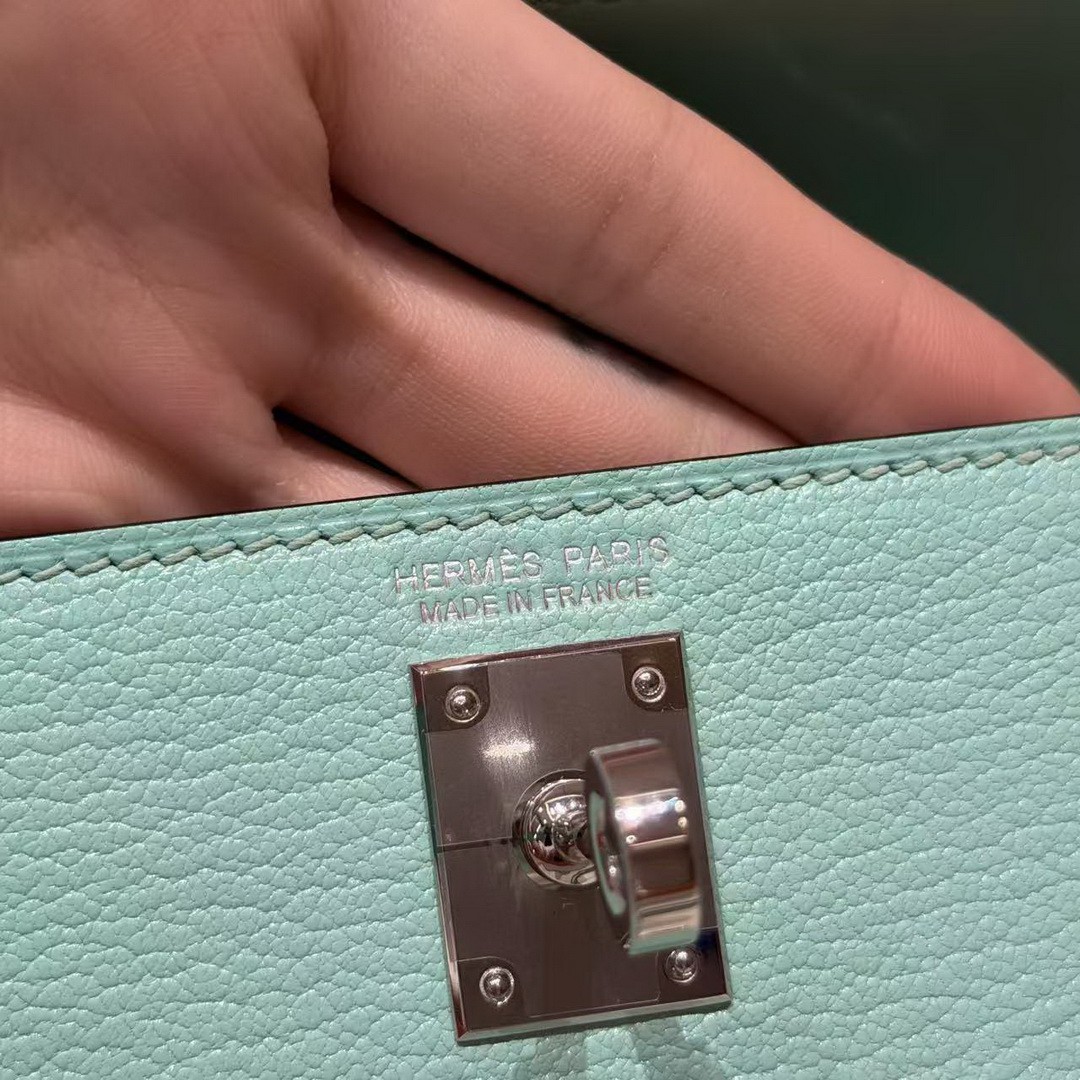 Hermes Kelly Mini 2 19CM Bag Handmade In Chèvre Calfskin Leather Silver Hardware 79 Aqua - Image 7