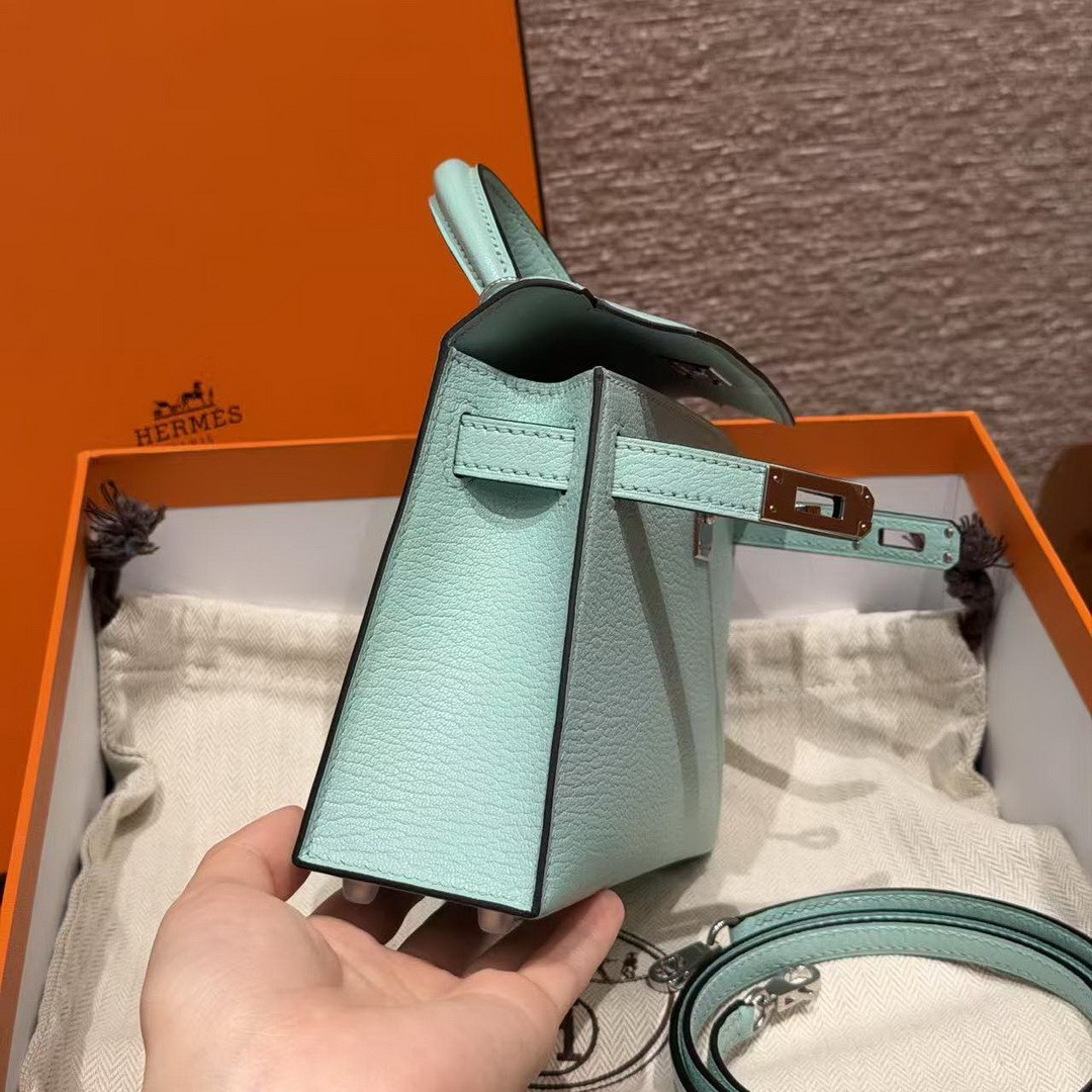 Hermes Kelly Mini 2 19CM Bag Handmade In Chèvre Calfskin Leather Silver Hardware 79 Aqua - Image 4
