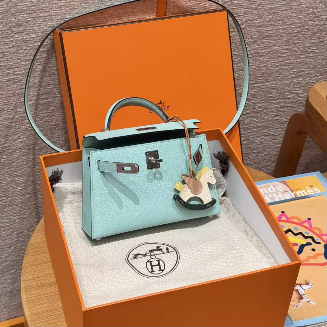 Hermes Kelly Mini 2 19CM Bag Handmade In Chèvre Calfskin Leather Silver Hardware 79 Aqua - Image 3
