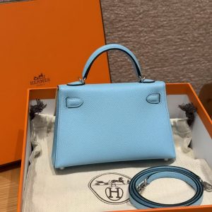 Hermes Kelly Mini 2 19CM Bag Handmade In Epsom Calfskin Leather Silver Hardware 7N Celeste - Image 2