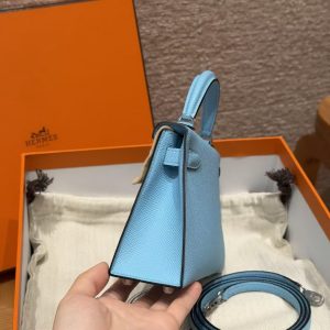 Hermes Kelly Mini 2 19CM Bag Handmade In Epsom Calfskin Leather Silver Hardware 7N Celeste - Image 18